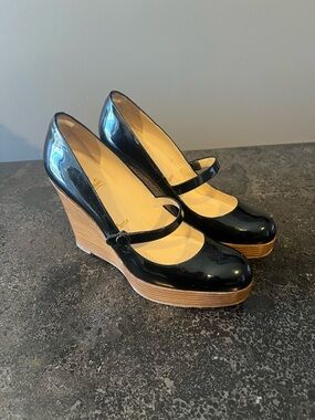 Christian Louboutin Women's EU 39.5 Black Patent Leather Mary Jane Wedge